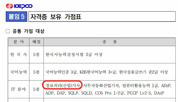 2025년 하반기 KEPCO 한국전력 정보처리기사 자격증 우대